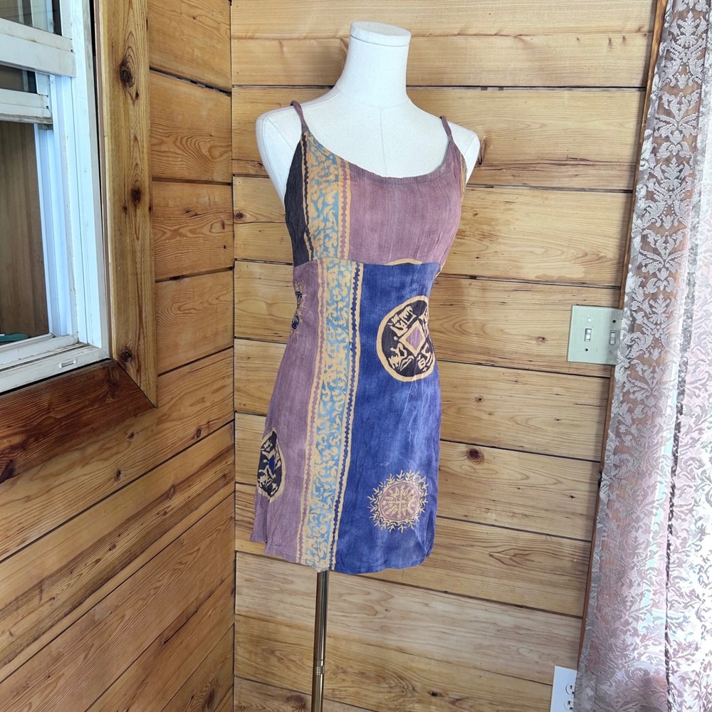 Vintage Rayon Patchwork Mini Dress Women Medium Multi Color Batik Bali K.I.S.S.